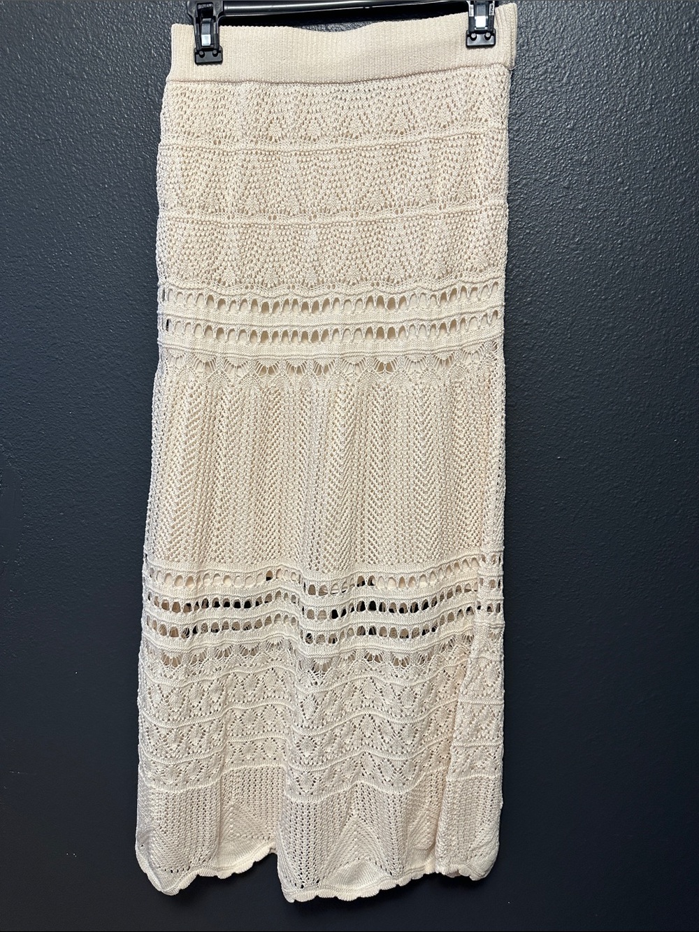 Neutral Crochet Maxi Skirt — Cream Knit Panel Detail